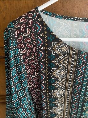 J. Jill Multicolor Boho V-Neck Tunic in Black, Teal, and Burgundy